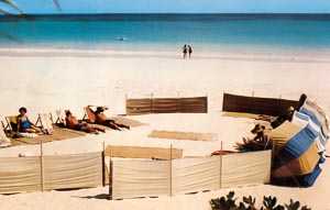 Vintage postcard of Harbour Island's pink beach, fronting Pink Sands Lodge