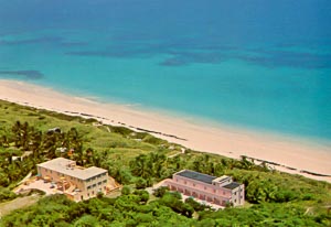 Aerial postcard view of Coral Sands Resort on Harbour Island's three-mile beach
